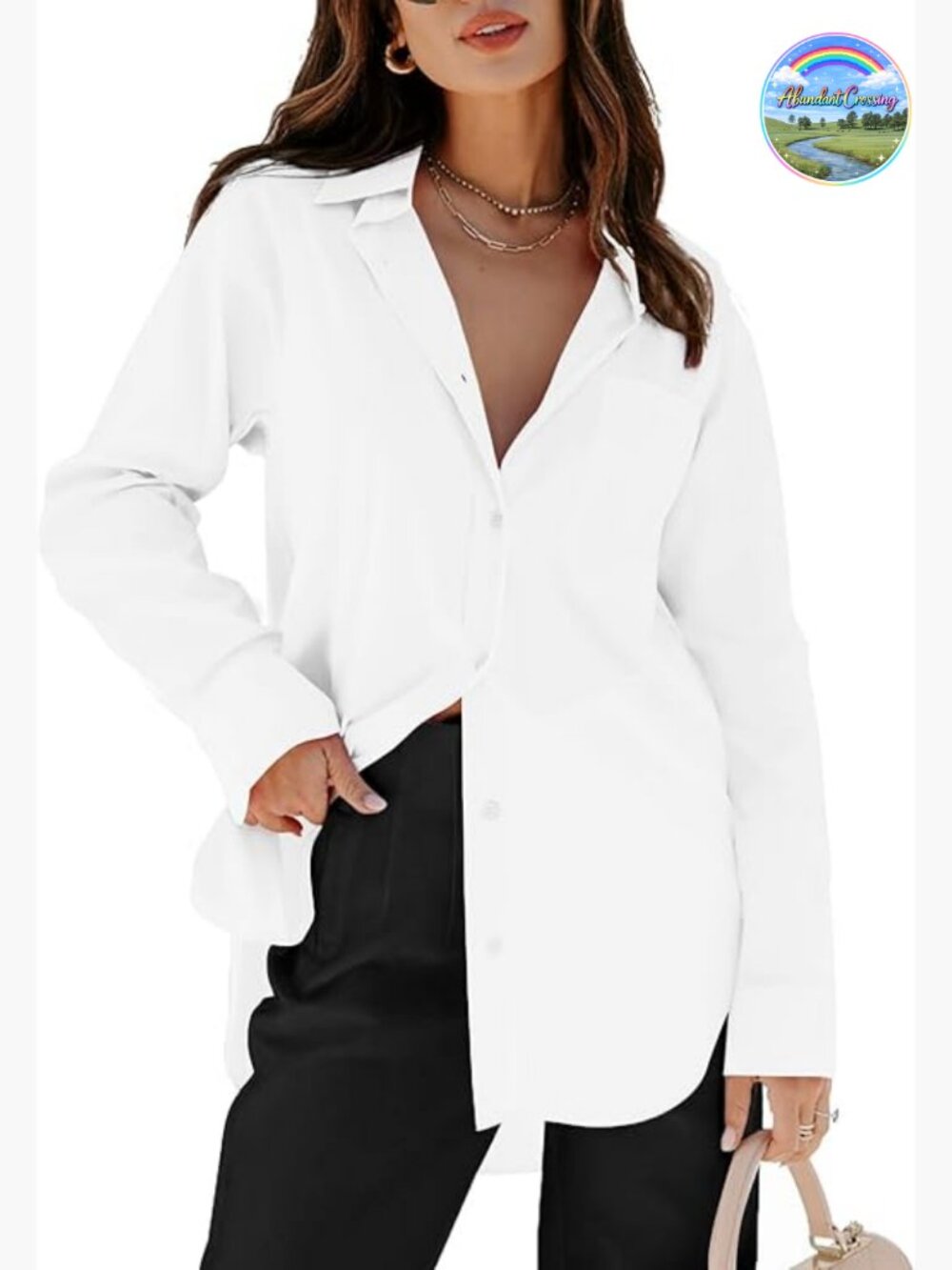 Oversized Button Down Shirt Long Sleeve Blouse with Pockets Work Casual